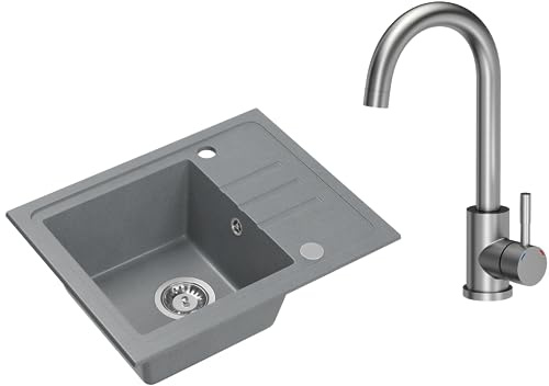 VBChome Diskbänk granitgrå med armatur 55 x 44 cm enkelhandfat inbyggd diskbänk spräcklig reversibel granitdiskbänk sifon tvättställ armatur grå handfat med Inox armatur