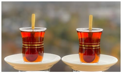 Topkapi - 18-tlg Türkisches Tee-Set Rayan-Sultan mit Golddekor │ 6 Golddekor Teegläser, 6 Porzellan Untersetzer, 6 Gold Teelöffel │ tolles Geschenk-Set