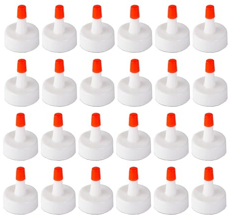 Squeeze Bottle Caps Tips Only, 28mm Threads - Replacement Squeeze Bottle Lids with Red Seal 24 Pcs - Plastic Squeeze Bottle Tops - Red Tip Caps for Dispensing Condiments, Sauces, Glue, Paint