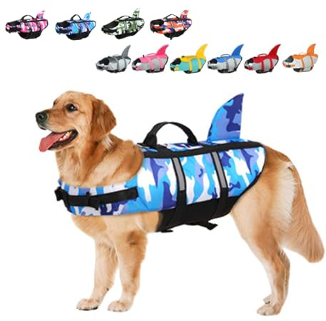 Rettungswesten für Hunde Schwimmweste Hunde Hai, Leicht und Sicher für Wassersport, hundeschwimmweste mit Griff und Reflektierend für Kleine Mittlere und Große Hunde Tarnung Blau S