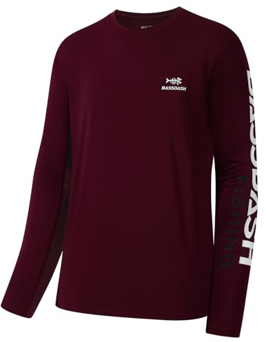Bassdash fiske t-shirt fiske långärmad vatten UPF 50+ skjorta Rashguard fiskekläder UV solskydd, Bourgogne röd/vit logotyp, XXL