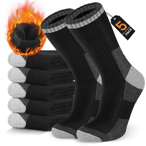 SIMIYA 5 Pairs Merino Wool Socks for Men - Cosy Warm Thermal Socks Thick Cushion Winter Socks, Crew Sports Sock for Outdoor Work Walking Hiking Running Skiing UK Size 6-12