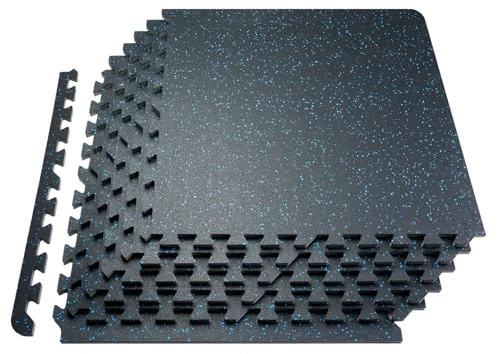 VEVOR 0.56 Inch Thick Gym Floor Mats, 12 Tiles Rubber Top with EVA Foam, 25 x 25 Gym Flooring Workout Mats with 48 sq.ft Coverage, Interlocking Puzzle Gym Mats for Gym, Home, Garage, Black & Blue