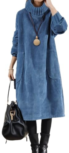 Abito da donna in velluto a coste, invernale, spesso, a maniche lunghe, collo alto, caldo, taglie forti, abito lungo con tasche