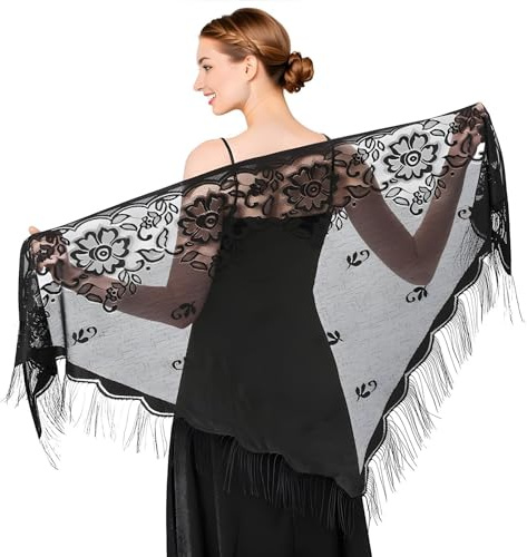 Lnngub Black Lace Shawl Triangle Shawl with Fringe for Wedding Evening Party Dresses