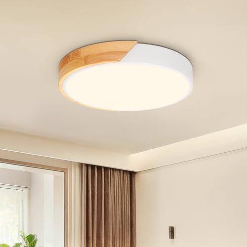 Kambo Plafoniera LED Soffitto 24W 2400LM, Luce illuminazione Legno Bianco Rotonda Ø30cm, Moderna Lampada 3000K per Interni Soggiorno Camera Cucina Corridoio Ufficio