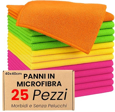 Panni Microfibra 25 Stracci Cucina 40x40cm Lavabili in Lavatrice e Riutilizzabili Antigraffio, Altamente Assorbenti, Morbidi e Senza Pelucchi per Pulizia di Casa, Auto e Vetri (25, Multicolor)