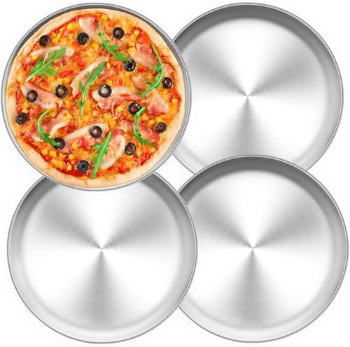 Onezebra Set di 4 stampi per pizza in acciaio inox, 26 cm, extra spessi, piastre e stoviglie da campeggio, lavabili in lavastoviglie, antiruggine, versatili per pizza, insalata, torte (argento)