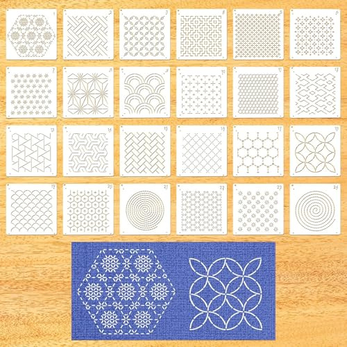 Zernblend 24 Piece Sashiko Stencil Set, Hand Quilting, Scrapbooking Craft Decoration, Embossing Templates (4.72 x 4.72 inches)
