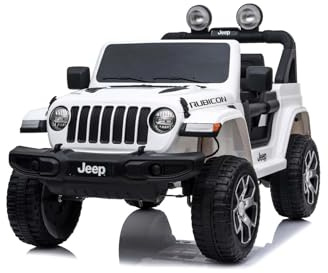 RIRICAR 4x4 Voiture électrique pour Enfants 12V J.E.E.P. Wrangler Rubicon, Blanc, Radio avec entrée Bluetooth et USB, Batterie au Lithium, Roues EVA, Télécommande 2,4 GHz, Licence, 4x12V 35W