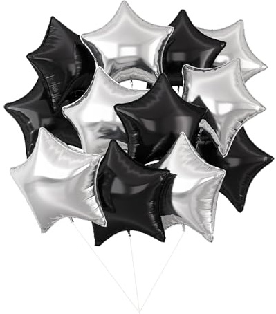VGRDTW 10 Pack Silver & Black Star Balloons - 18 Inch Metallic Foil Balloons with Ribbon & Straw, Helium Ready for Birthdays, Weddings, Baby Showers, Parties, Christmas Decorations