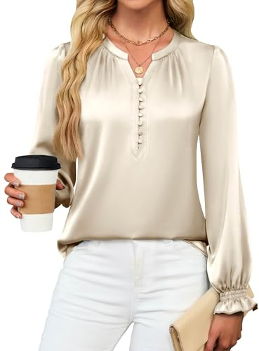 Blooming Jelly Womens Silk Dressy Casual Blouses Button Down Long Sleeve Shirts Satin Business Casual Tops Work Outfits 2025 Apricot