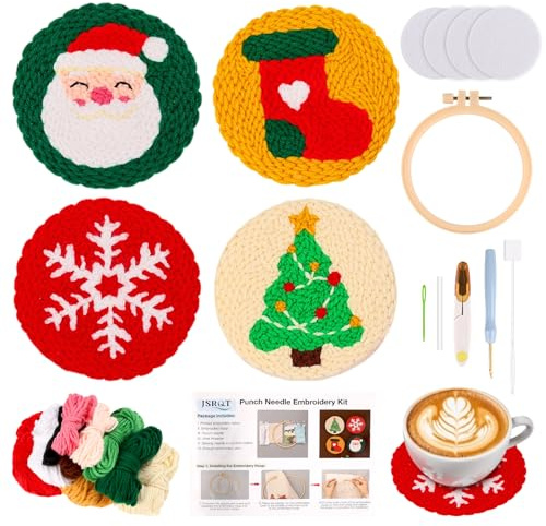 JSRQT 4 Pcs Punch Needle Kit Coasters di Natalizi, Kit per Principianti Punto Croce Fatto a Mano Adulti Bambini, Set di Aghi Punzonatura Ricamo con Strumenti, per Decorazioni Natalizi