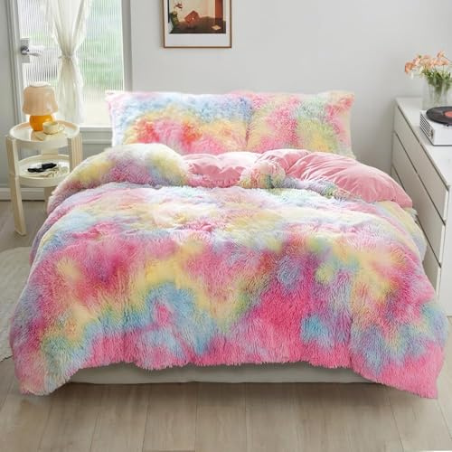 YASMENG Housse de Couette Flanelle 220x240 Hiver Chaude Arc-en-Ciel Couleur Peluche Poil Long Parure de Lit Polaire Doux Duveteux Linge de Lit avec Fermeture Éclair et 2 Taies d'oreiller 65x65 cm