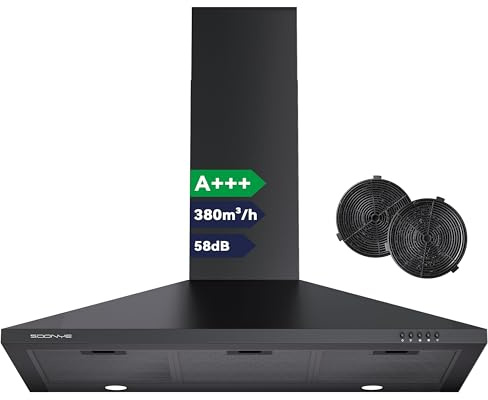 Soonye A+++ Dunstabzugshaube 90 cm Umluft Abluft 380 m³/h mit Aktivkohlefilter,5 Schichten Waschbarer Fettfilter, Pyramide Wandhaube Umlufthaube Abzugshaube Mattschwarz
