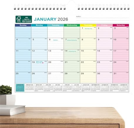 Calendario 2026, papel grueso con notas de vacaciones, calendario mensual 2026-2027, para casa, oficina, escuela, citas, horarios académicos, planificación de Navidad, Año Nuevo