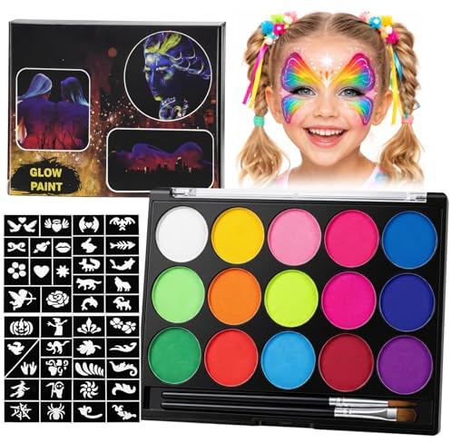Erinde Body Painting 15 Colori, Kit Truccabimbi Lavabile, Pittura per Viso e Corpo ad Alta Pigmentazione, Trucco Teatrale per Halloween e Carnevale, con Pennello e Stampini, Ideale per Bambini Cosplay