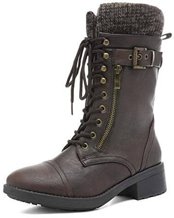 DREAM PAIRS Botas Mujer Miltares Planas Botas de Cordones Con Cremallera y Suela Antideslizantes MARRÓN Talla 41.5EU/10US