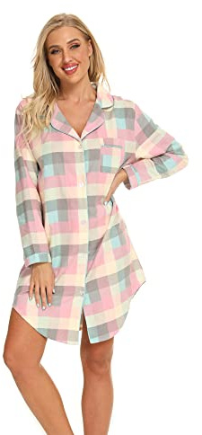 Misscoo Chemise de Nuit Femme en Coton à Manches Longues,Pyjama Femme Hiver en Flanelle, Vêtements de Nuit Boutonnée Devant,Grandes Tailles-Taille M - imprimé Ecossais