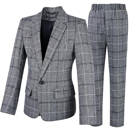 LOLANTA Costume Enfant Tweed à Carreaux, Ensemble 2 Pièces Garçons Tenues de Fête de Mariage Blazer et Pantalon, Tenue de Bal, Gris foncé, 130, 7-8 Ans