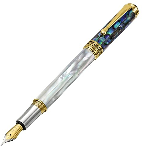 Xezo Maestro stylo plume, plume fine. Nacre irisée d'origine océanique et coquille de Pāua. Plaquage or 18 carats et platine pur. Chaque pièce unique