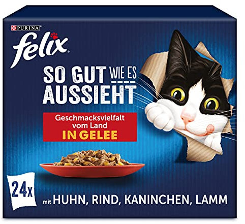 FELIX So gut wie es aussieht Katzenfutter nass Geschmacksvielfalt vom Land in Gelee mit Huhn, Rind, Kaninchen, Lamm, 4er Pack (4 x 24 Beutel à 85g)