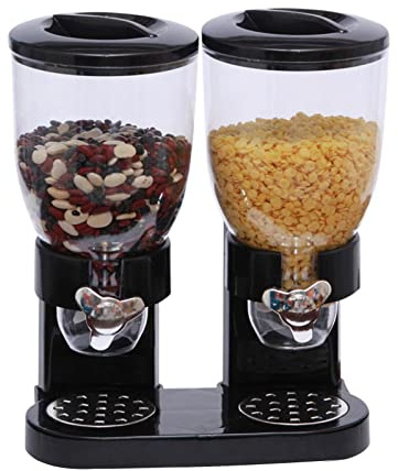 /R Dispensador de alimentos duales, dispensador de alimentos secos, dispensador de 2 cámaras, contenedor transparente hermético, almacena granos, avena, café, frijoles y frutos secos