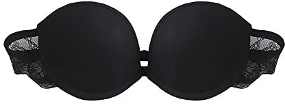 TOFBS Damen Trägerloser BH Bügel Bandeau BH mit Vorderer Schnalle Spitze Rückenfrei BH Push Up Rutschfester Unsichtbarer BH Gepolstert Nahtloser Bralette (Schwarz,M)