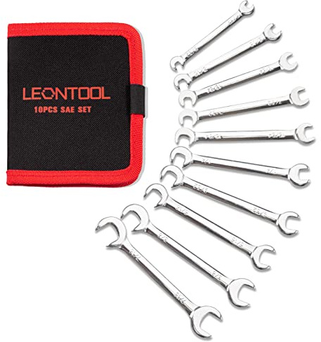 LEONTOOL Mini Double Open End Wrench Set SAE 10 Pcs 5/32 to 7/16 with Portable Storage Pouches Mirror Chrome Finish Super Thin Open Ended Spanner Double Angle Head for Small Fasteners
