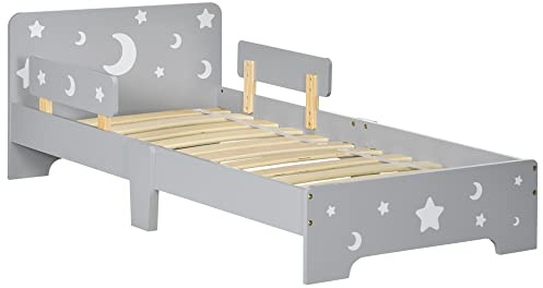 ZONEKIZ Letto per Bambini 3-6 Anni con Motivi a Stelle e Luna in Pannelli di MDF e Truciolato, 143x76x49 cm, Grigio e color Legno