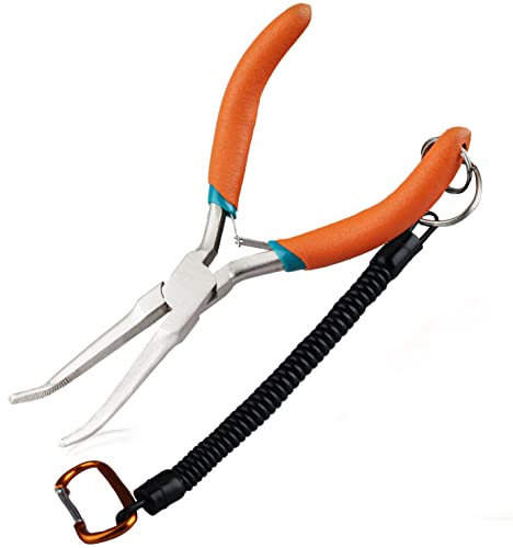 LEONTOOL Alicates de punta de aguja doblada pequeños para hacer joyas, alicates de punta de aguja en ángulo de 5.5 pulgadas con alicates de extracción de agujas de mandíbula dentada con cordón