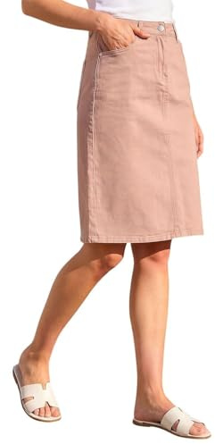 Roman Denim Skirt with Pockets for Women UK - Ladies Jean Skirts Cotton Stretch Mid Wash Fitted A Line Casual Smart Work Office Knee Length Flattering Slimming - Size 12 - Rose