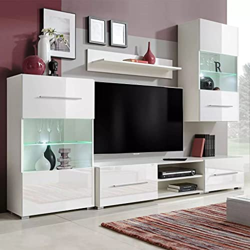 Lechnical Mobile TV a Parete Con Vetrina 5 Pezzi, Illuminazione LED Bianco, Moderno Soggiorno Salotto Porta TV