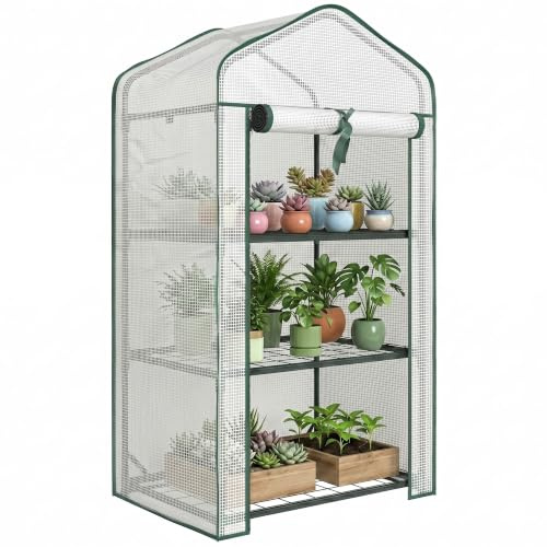 Outsunny Serra da Balcone a 3 Livelli per Orto 59x39x127 cm Bianco | Porta Avvolgibile, Struttura in Acciaio, Copertura PVC, per Piante Orto Verdure Fiori Frutta