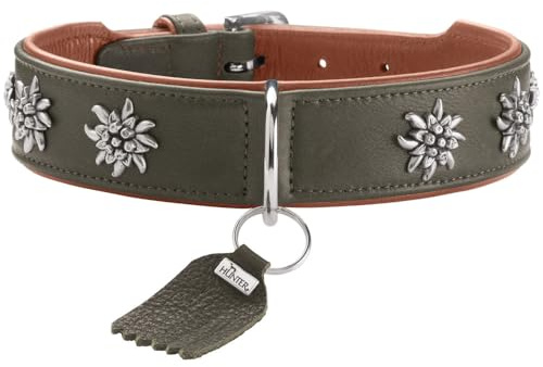 HUNTER Hundehalsband MÜNCHEN Farbe: grün/Cognac, Leder, edle Trachten-Details, weich und robust, fellschonend, luxuriös, ökologisch hergestellt, nachhaltig, Made in Germany, Größe: 55