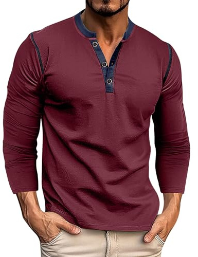 Tee Shirt Homme en Coton Henley T-Shirt Col Rond avec Manches Longues Col Tunisien et Boutons pour Homme
