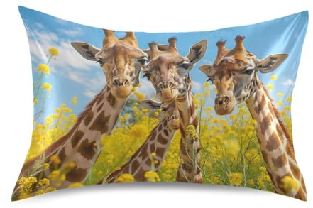 Nander Cute Giraffe in Rapeseed Flower Satin Pillowcase for Hair and Skin,Soft Silk Pillow Cases, Pillow Cover with Envelope Closure,Queen Size 20x30 inch