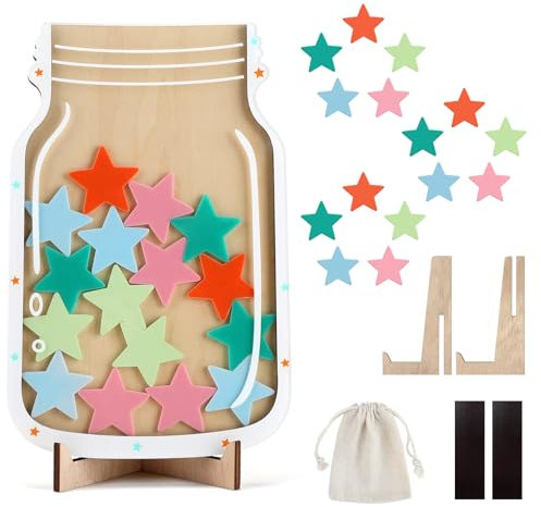Star Reward with 25 Stars for Children's, Magnetic Reward Chart Jar for Classroom Board, Wooden Holder Star Jar for Home Kids Good Training, Incentive Positive
