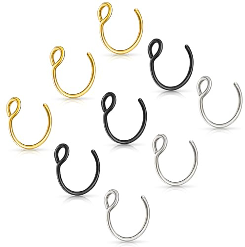 Tucnoeu 9 piercing finto per naso, anello finto nasale, in acciaio inox, piercing finto per il naso, 8 mm, 20G, Senza Gemstone