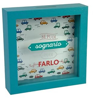 Salvadanaio Decorativo in Legno, 16x16 cm, Design Auto Vintage, Cornice Turchese con Scritta Italiana