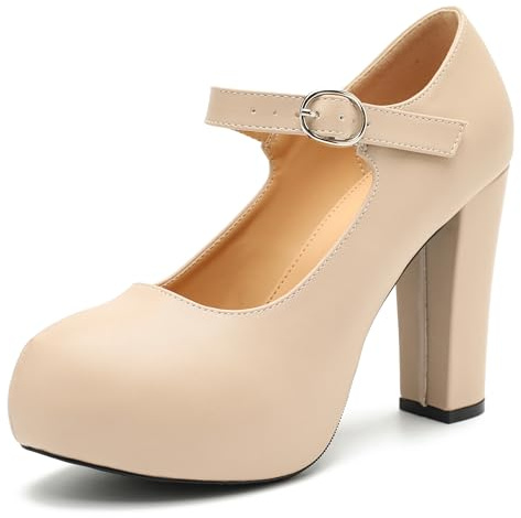 Women's Mary Jane Platform High Chunky Heels Closed Toe Ankle Strap Pumps Round Toe Comfortable Dress Shoes Nude Matte 39 - US 8.5