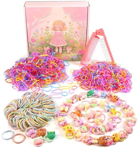 Fontee 1650 Élastiques à Cheveux Multicolores avec Nœuds, Peigne & Boîte Cadeau pour Bébés et Fillettes, Barrettes Élastiques Colorées, Accessoires pour Enfants