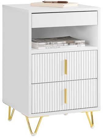 SoBuy Sängbord, nattduksbord med 3 lådor och förvaringsfack, modernt sidobord för sovrum och vardagsrum, vitt B 40 x D 40 x H63 cm FBT168-W