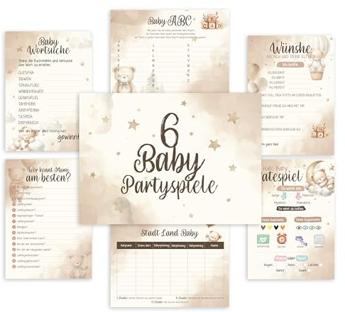 colortouch Babyshower spel 50 kort, 6 roliga gissningsspel set för babyshower att fylla i (10 stycken), partyspel babyshower för flickor och pojkar, baby shower graviditet gåva, DIN A5 Boho