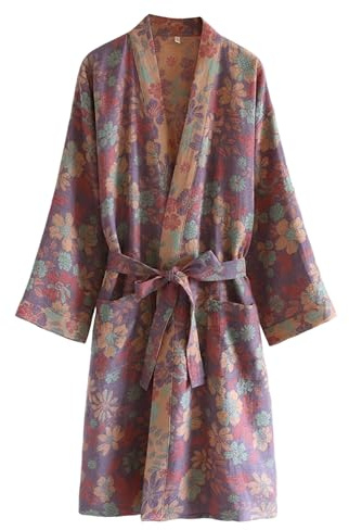Kimono Robes for Women Cotton Gauze Long Robe Japanese Sleepwear Yukata Jacquard Bathrobe Floral Sauna Loungewear(PurpleFlower-M)