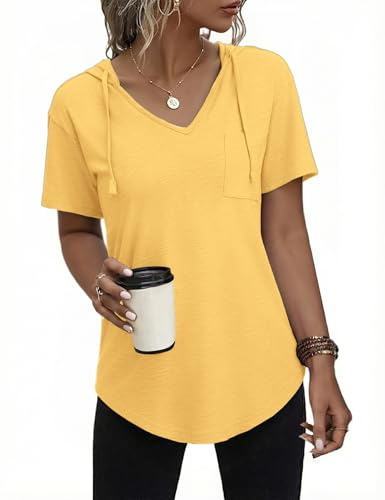 Aottori Felpa Donna con Cappuccio Manica Corta Scollo a V Maglia Elegante Larga Estive Maglietta Lunga Leggero Elasticizzato Pullover Basic Tinta Unita Giallo M