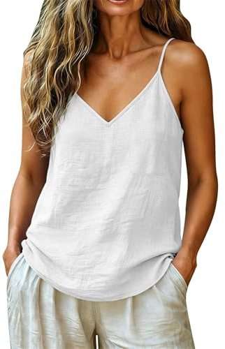 Débardeur Femme Coton et Lin Col V Sangle Spaghetti Ample Top Femme Ete Chic et Élégant avec Poche Tunique Grande Taille Haut sans Manches Chemisier Casual Débardeurs pour Femmes
