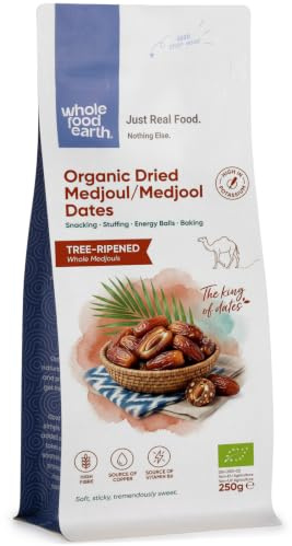 Wholefood Earth Organic Dried Medjoul/Medjool Dates – 250g | Raw | GMO Free | Vegan | High Fibre | Certified Organic