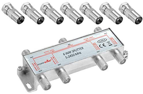 Poppstar Sat-Verteiler Antennenverteiler Splitter Umschalter 6-Fach inkl. IEC Stecker (analog/digital/BK/unicable/HD/4K tauglich) für TV,Antenne,Satellit,Kabel,Fernseher,Radio,LNB