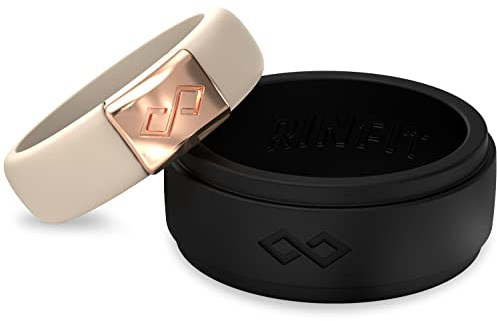 Rinfit Matching Silicone Rings for Couples - Silicone Wedding Bands Sets for Him and Her - MetalInfinity & Infinity Patented Design - Nude & Black - Women 6 & Men 10